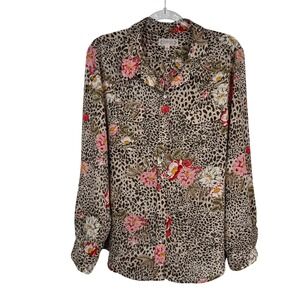 Nanette Lepore Print Button Down Shirt Women XL Brown Polyester Leopard Floral